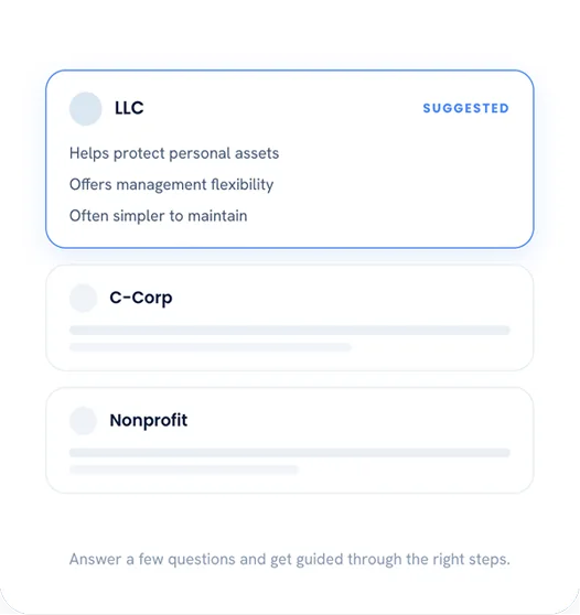 Business structure choices showing LLC as the suggested option above C-Corp and Nonprofit