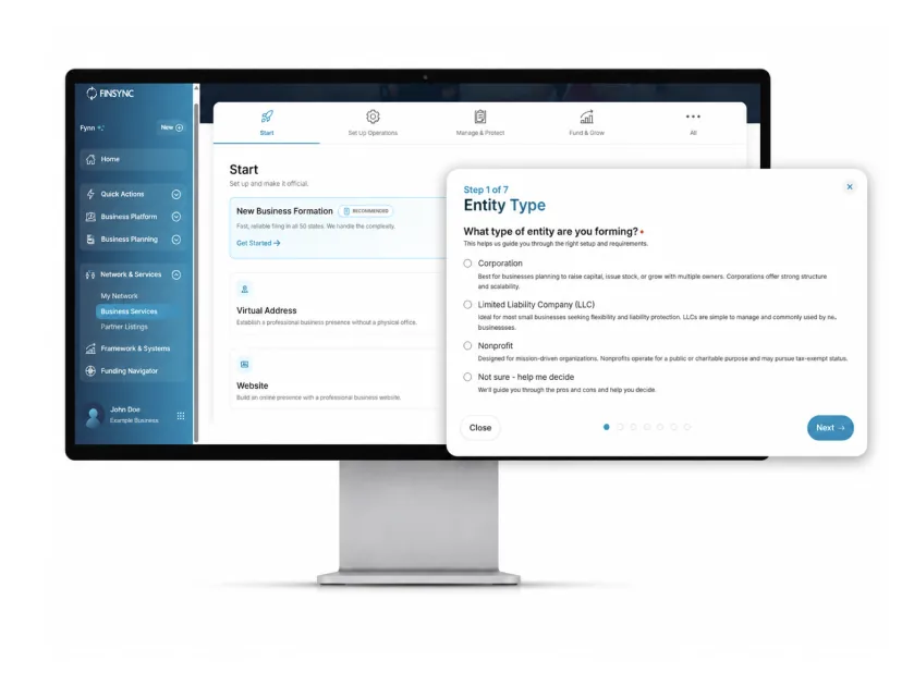 FINSYNC business formation profile and entity-selection interface