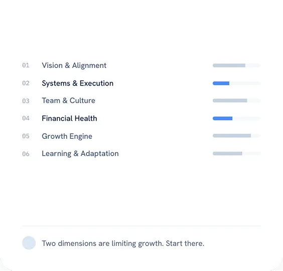 A Scale Assessment scorecard rating six growth dimensions, with two flagged as limiting growth