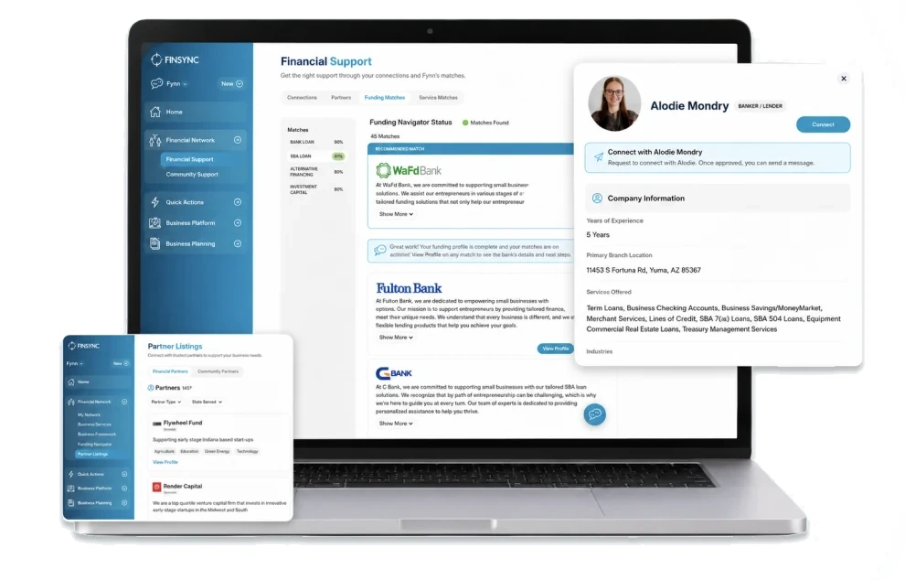 FINSYNC Funding Navigator showing recommended funding partners across desktop, tablet, and mobile