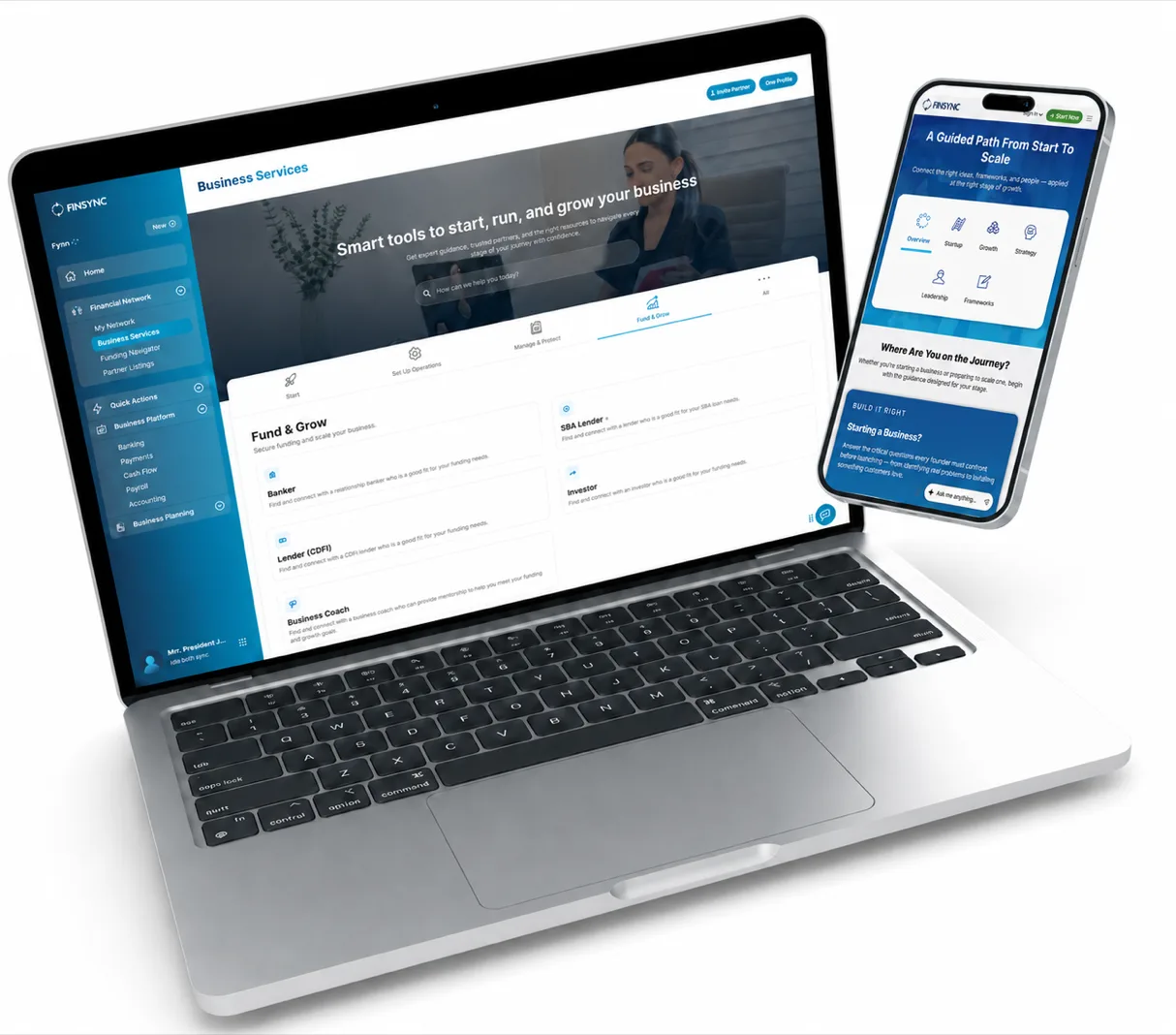 The FINSYNC funding navigator on laptop and phone
