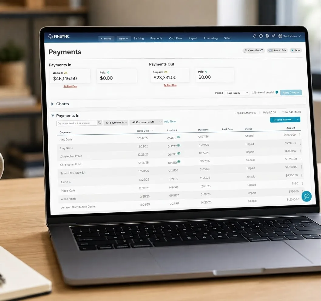 FINSYNC payments dashboard showing payments in and payments out