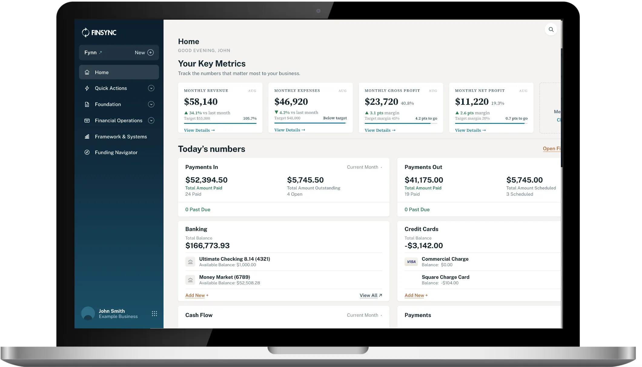 The FINSYNC home dashboard on a laptop