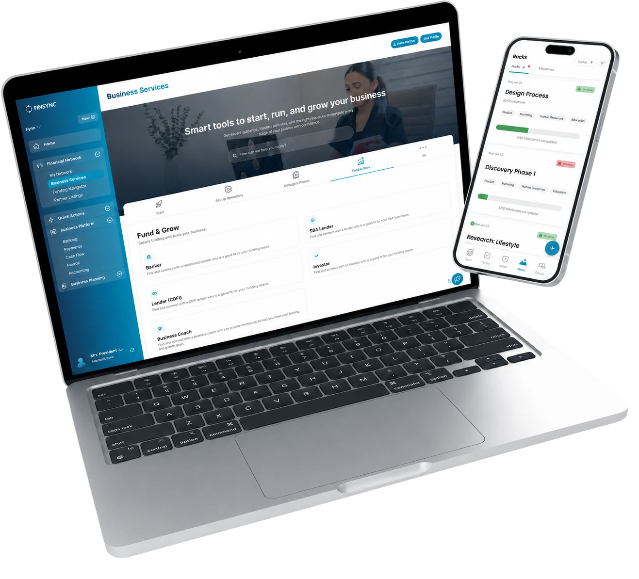 FINSYNC platform shown on a laptop and mobile phone