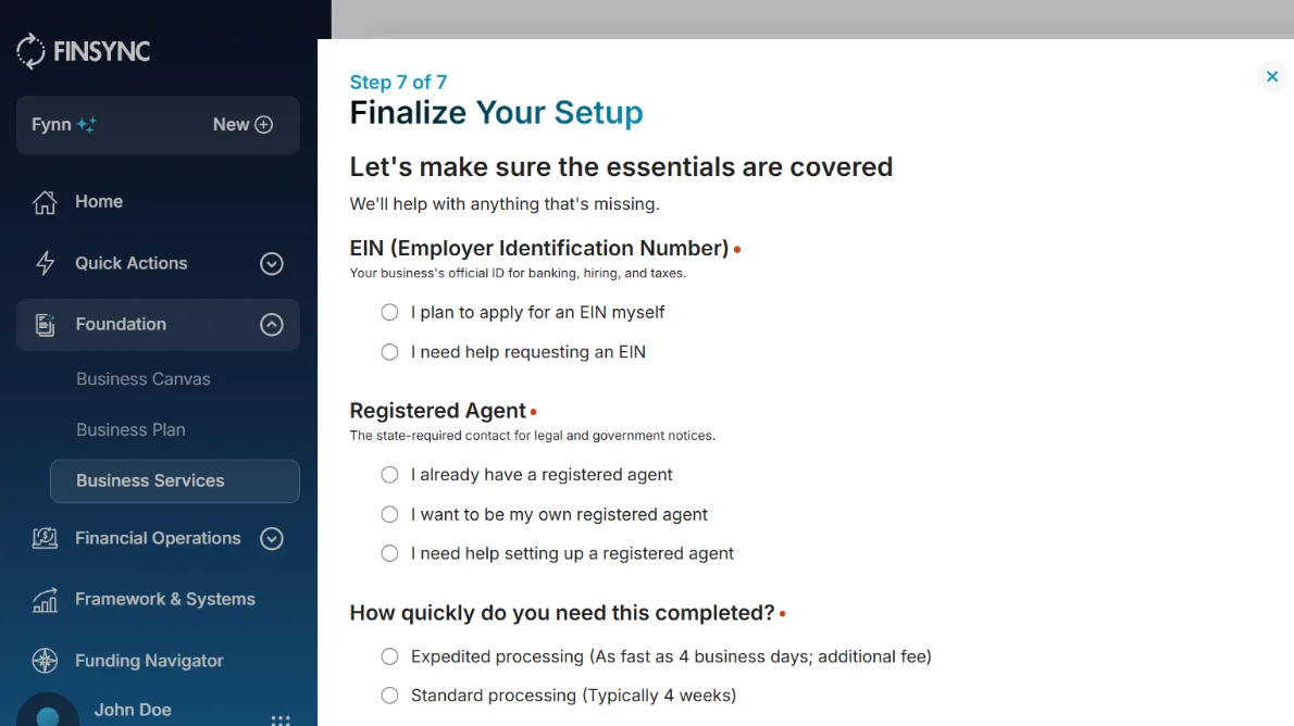 The FINSYNC setup step covering EIN, registered agent, and processing speed.