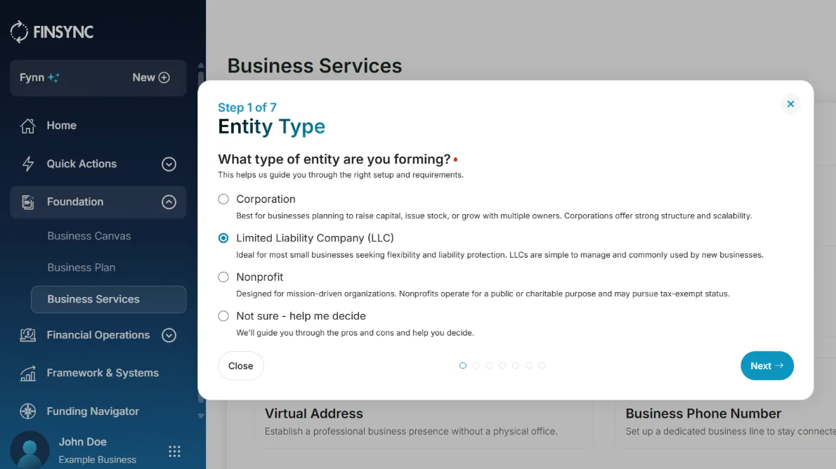 The FINSYNC entity type step, with LLC selected among the business structures.