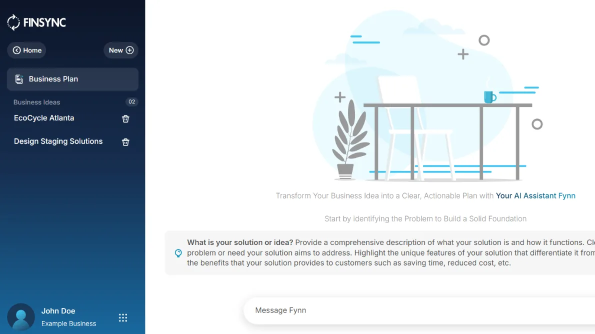 A FINSYNC business plan open for editing.