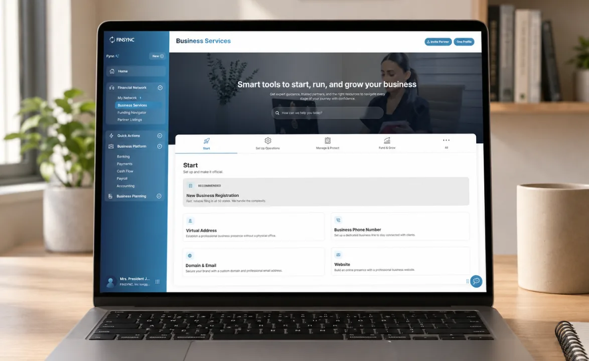 FINSYNC open on a laptop showing Business Services, with the steps to start, set up operations, manage and protect, and fund and grow.