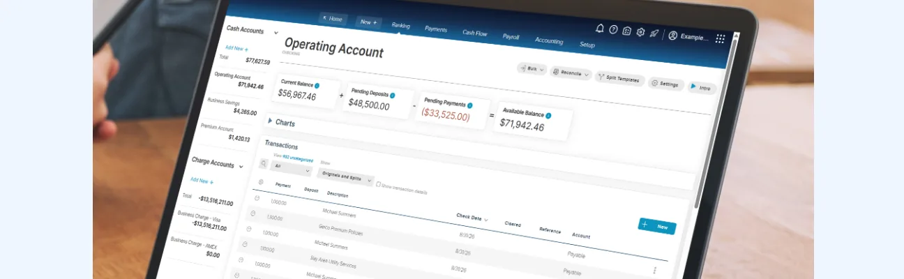 A FINSYNC operating account with balances, pending deposits, and transactions.
