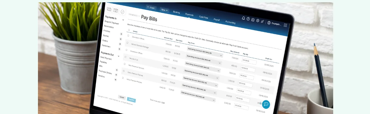 The FINSYNC Pay Bills screen with vendors queued for payment.