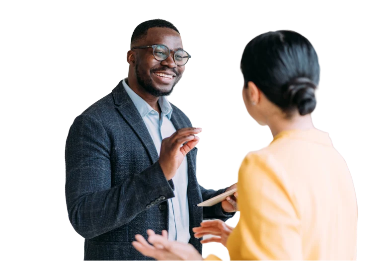 Two business professionals discussing financial operations