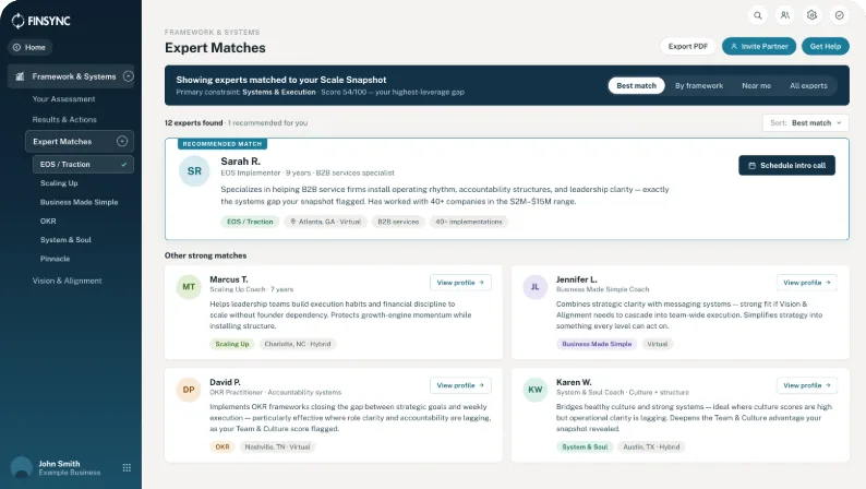 FINSYNC expert matches, recommending a growth coach suited to the business.