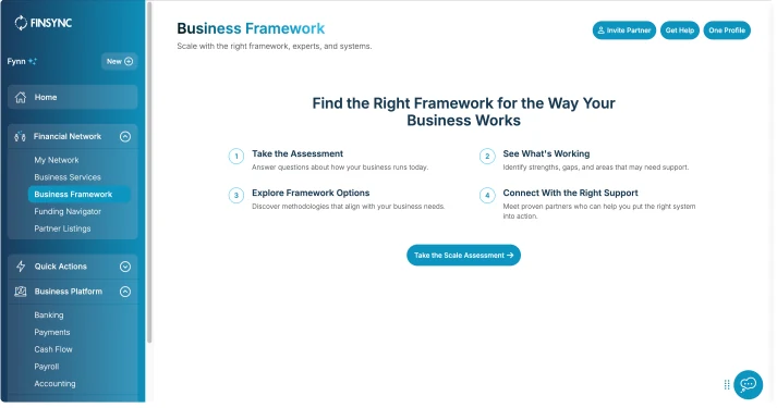 FINSYNC Business Framework screen showing recommended next steps