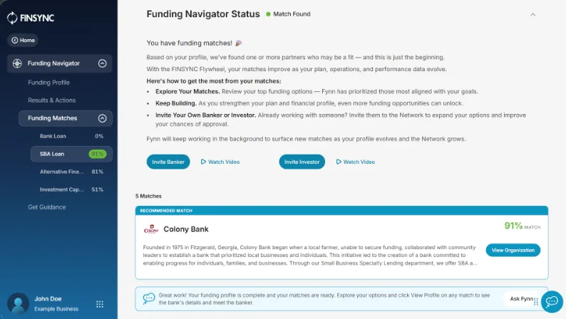 The FINSYNC Funding Navigator status screen listing matched funding partners.