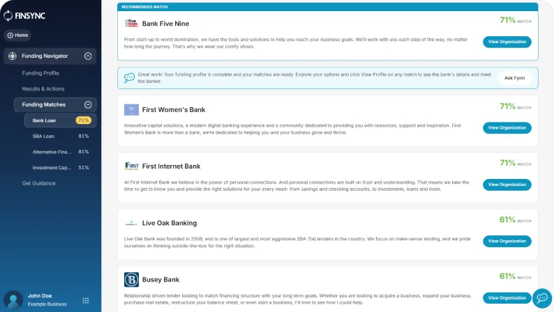 FINSYNC funding matches, listing partner banks by how well each fits.