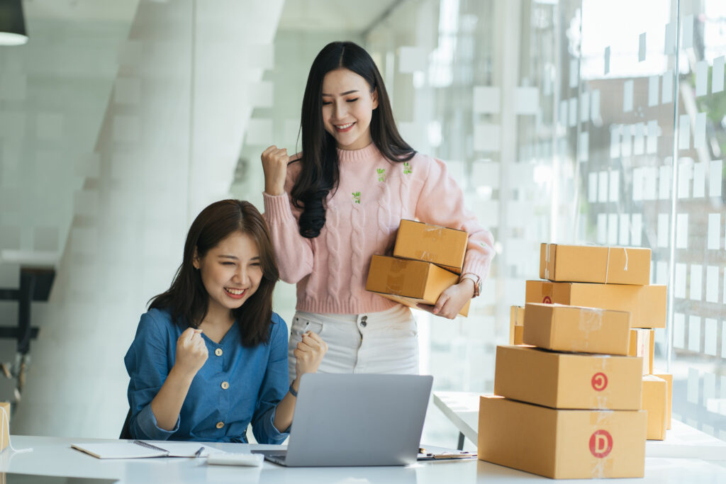 Two women, small business entrepreneurs, checking product orders for e-business commerce business