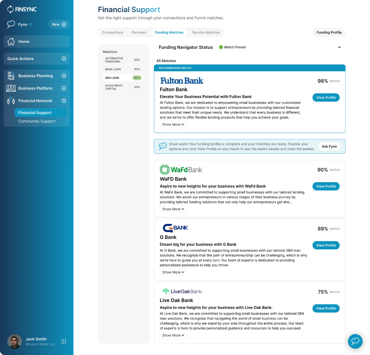 banks that FINSYNC matches to businesses