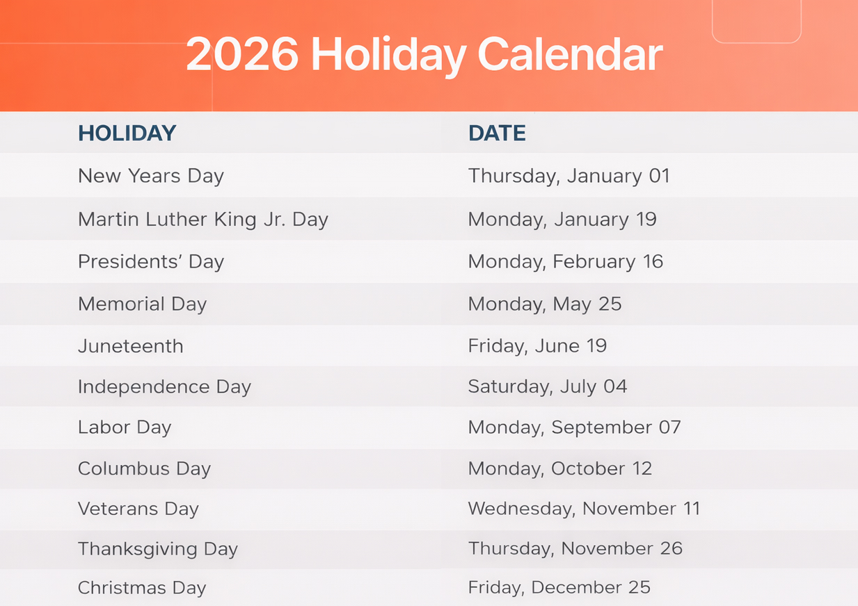 2026 Holiday Calendar