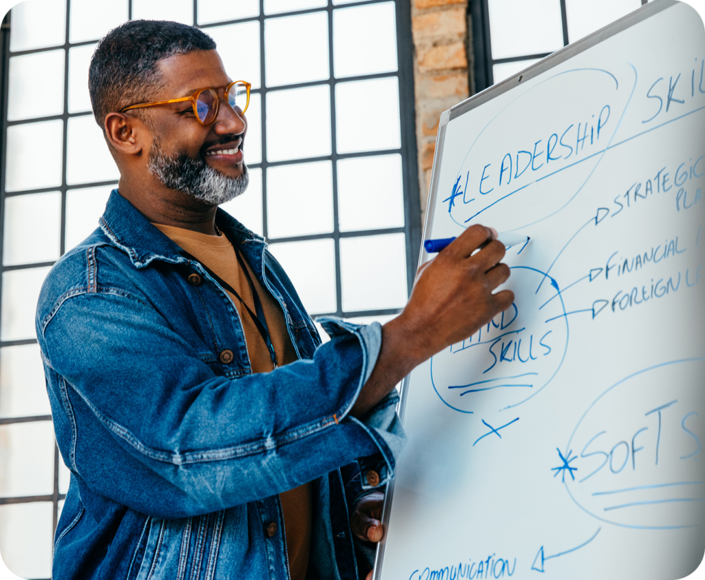 business owner at a whiteboard checking off steps