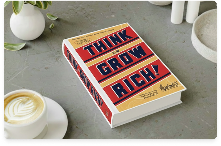 Image of Think and Grow Rich on a gray cafe table with a latte in the lower left corner.