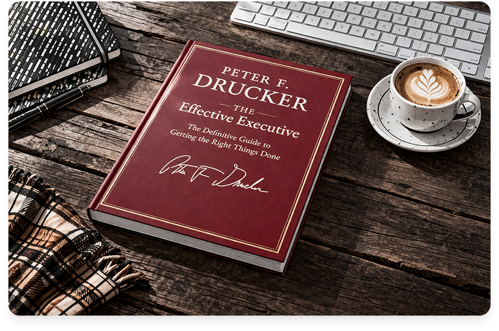 Image of the book titled The Effective Executive, laying on a rustic dark wood desk near a computer and coffee cup.
